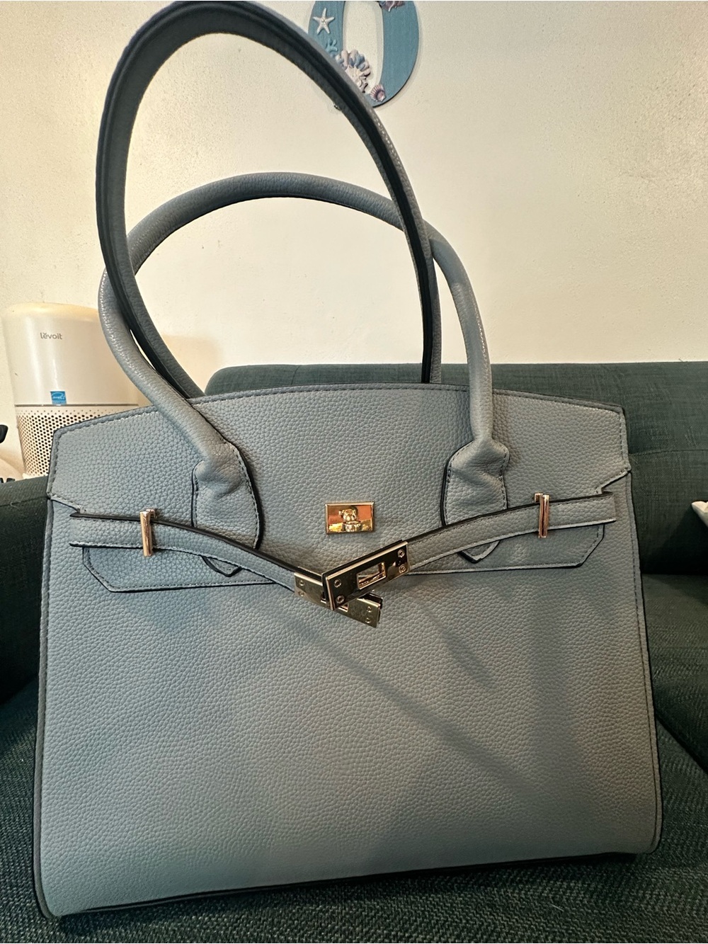 Structured Satchel Handbag in Light Blue with Gold Hardware - Picture 10 of 11